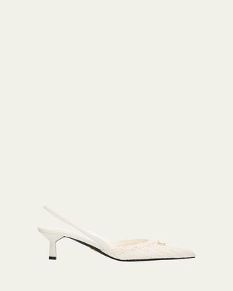 Prada 55mm Triangle Logo Woven Leather Slingback Pumps