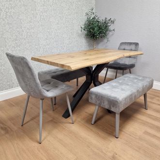Kosy Koala Wooden Dining Table with 2 Grey Velvet Chairs & Padded Benches, Dining Room Furniture in Brown