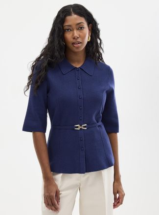 Contemporaine Womens Belted fitted shirt-collar cardigan