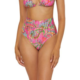BECCA by Rebecca Virtue Polynesia High Waist Bikini Bottoms in Pink Multi at Nordstrom, Size Small