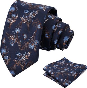 Alizeal Mens Flower Ties for Men with Handkerchief Floral Butterfly Patterned Classic Elegant Wedding Party Necktie Set, Navy Blue+Brown