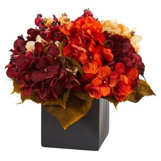 Nearly Natural 12-in Autumn Hydrangea Berry Artificial Arrangement in Black Vase in Burgundy at Nordstrom