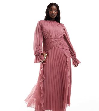 Asos Curve ASOS DESIGN Curve high neck ruched belt detail maxi dress in dusky pink