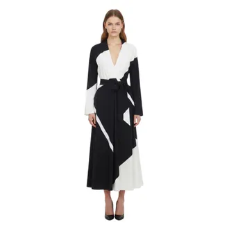 Alberta Ferretti BlackWhite V Neck Midi Dress