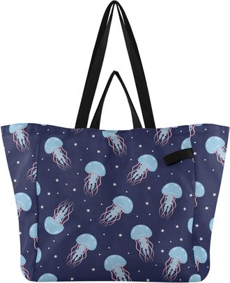 Generic Underwater Jellyfish Stars Blue pattern Reusable Canvas Tote Bag, Heavy Duty Grocery Shopping Bag with Double Handles Hard Bottom Large Capacity Work 