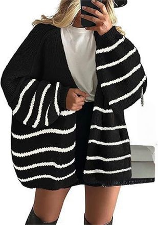 Generic Womens Oversized Open Front Chunky Knit Cardigan Sweaters Casual Long Lantern Sleeve Fall oversize cardigan for women (Black stripes,L)