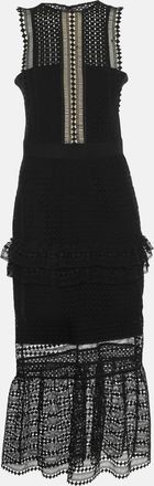 Self Portrait Black Guipure Lace Tiered Midi Dress