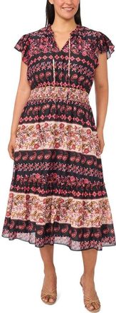 CeCe by Cynthia Steffe Mixed Print Tie Neck Dress in Rich Black/pink at Nordstrom, Size 3X