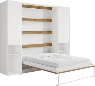 Vente-Unique Cama abatible vertical 140 x 200 cm - 2 columnas de almacenamiento - Con LEDs - Blanco y natural - RAPILI
