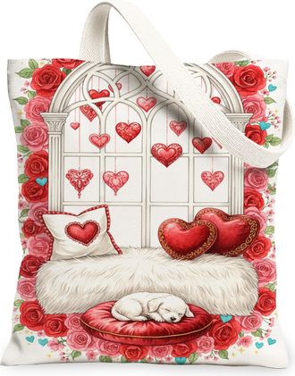 Generic Romantic Floral Canvas Tote Bag, Heart Pattern Reusable Grocery Bags, Vintage Chic Lightweight Washable Shoulder Strap Canv, White, 13x15 Inch