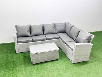 Fimous Garden Outdoor PE Rattan Furniture Set 6 Seater Rattan Garden Sofa Set in Light Grey