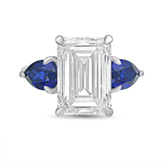 Diana M. Jewels Platinum lab grown 10ct emerald diamond ring with sapphire pears on the sides