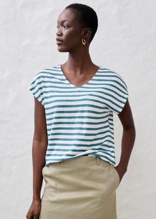 Bonprix T-Shirt BONPRIX, Damen, Gr. 52/54 (XXL), blau (pfeffergr&uuml;n, wei&szlig; gestreift), Web, Obermaterial: 100% Leinen, gestreift, oversize normal, V-Ausschnitt,