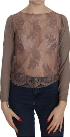 Pink Memories Bruine Kant Boothals Blouse - Dames - Blouses - Bruin - XS - Katoen - Overhemden