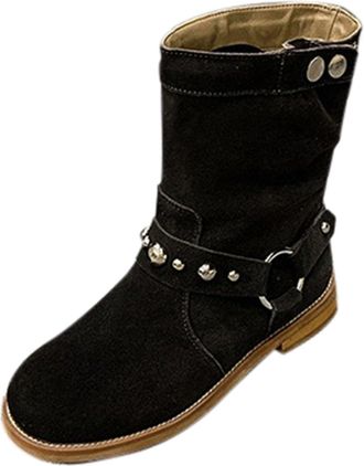 Generic Womens Spring and Autumn Winter Round Toe Suede Low Heeled Boots Pile Boots Buckle Versatile Fashion Low Tube Ankle Boots Flat Heeled Boots Women (Bla