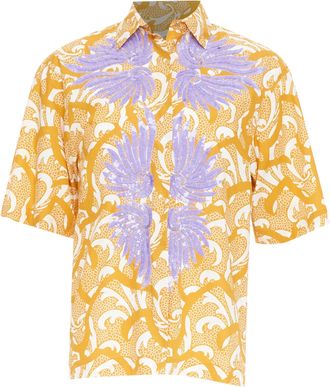 Dries Van Noten yellow lilac sequin embroidered short sleeve bowling shirt S