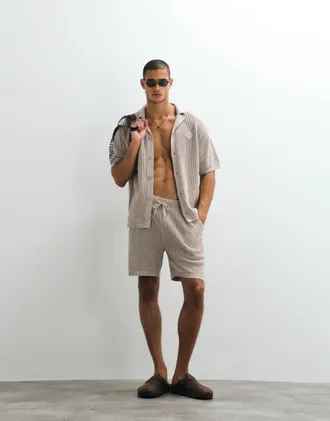 B&eacute;lier Leon - Pantaloncini in maglia alluncinetto color tortora in coordinato-Marrone