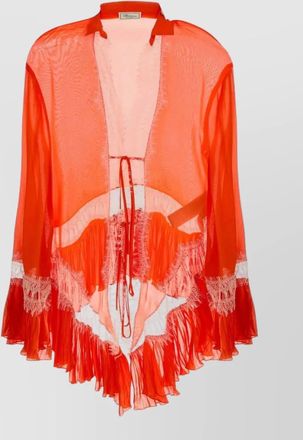 Blumarine chiffon blouse open front lace fringe