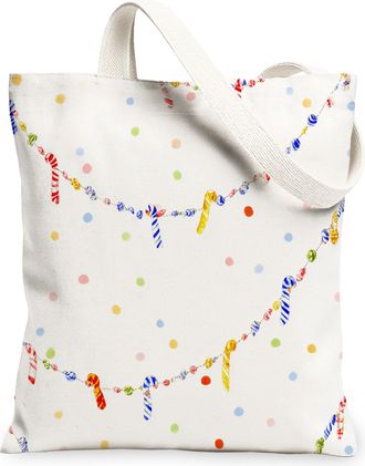 Generic Candy Cane Pattern Canvas Tote Bags, Colorful Polka Dot Lightweight Reusable Grocery Bags, Fun Festive Washable Shoulder Strap Canvas for Shopping Bea