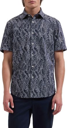 Bugatchi Miles OoohCotton Palm Leaf Print Short Sleeve Button-Up Shirt in Navy at Nordstrom, Size Xxx-Large