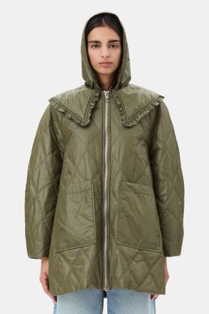 Ganni Green Shiny Quilt Midi Jacket - Size XXS/XS Recycled Nylon