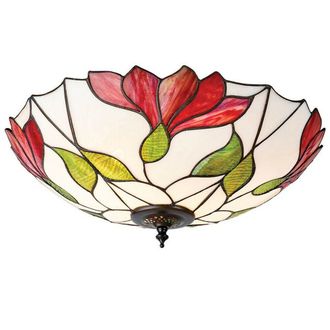 Loops Tiffany Glass Semi Flush Ceiling Light Red Flower Round Inverted Shade i00035 in Clear