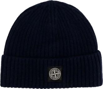 Stone Island Ribbed Knit Beanie - Heren - Hoeden - Blauw - ONE Size - Wol - Accessoires