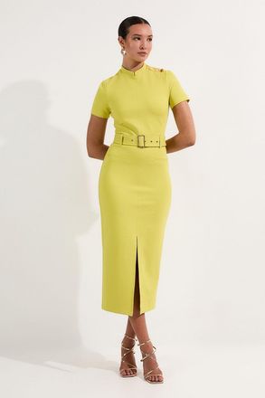Karen Millen Womens Belted Ponte Midi Dress - Lime Green Viscose - Size X-Small