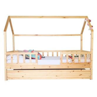 Muemue Cama casita con barandilla + cama de arrastre madera pino 90x190cm