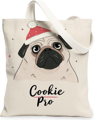 Generic Christmas Dog Canvas Tote Bags, Adorable Pug Design Reusable Grocery Bags, Holiday Lightweight Washable Shoulder Strap Canv, Beige, 13x15 Inch
