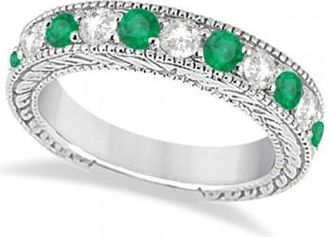 Allurez Antique Diamond & Emerald Wedding Ring Band 14k White Gold (1.28ct)