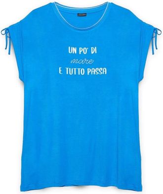 Fiorella Rubino Geborduurd T-shirt in Lenzing Ecovero viscose - Dames - T-shirts - Blauw - XL - Leer - Tops