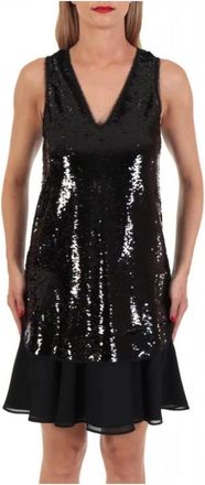 Emporio Armani Kleedjes, Dames, Zwart, M, Pailletten, Sequin Jurk V-Hals met Ruches