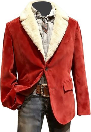 Generic Mens Corduroy Christmas Jacket Smart Casual Blazer for Holiday Parties Weddings Warm Winter Long Sleeves Suit Jacket Festive Coat A- Red
