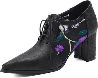 Generic Womens Pointed Toe Pumps Textured Fabric Mesh Floral Embroidery Lace-Up Block Heel Cushioned Insole Anti-Slip Durable Sole Comfortable Fit,Black 2,6.5