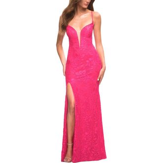 La Femme Hot Pink Stretch Lace Prom Dress with Deep V Neckline at Nordstrom, Size 10