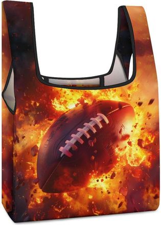 Generic Fire Rugby Ball Sports Shopping Bag Reusable Grocery Tote Bag Foldable Handbag for Travel Picnic