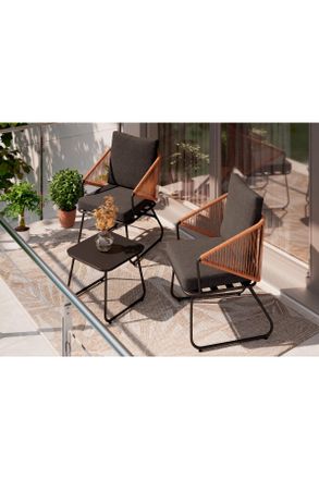 ambia GARDEN Balkonset, Braun, Naturfarben, Schwarz, Metall, Kunststoff, Glas, Textil, 3-teilig, U-Form, 53x77x66 cm, Gartenmöbel, Gartengarnituren, Balkonmöbel-Se