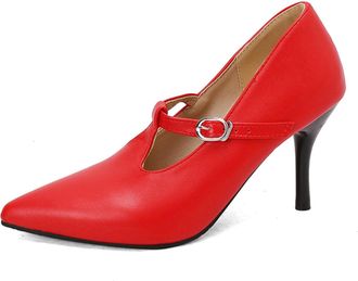 Generic Womens Sexy High Heeled Dress Shoes Pointed Toe Faux Suede Formal Shoes T-Strap Party Prom Pumps with Buckle,Red Leather,9.5 UK