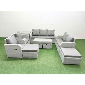 Fimous Pe Wicker Rattan Furniture Sets with Oblong Coffee Table Love Sofa Reclining Chair 3 Seater Sofa 4 Stools Side Table Light Grey Mixed - Fimous