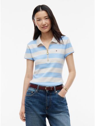 Tommy Hilfiger Womens Slim Fit Rugby Striped Zip Polo - Light Blue - XL