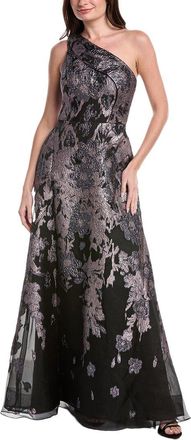 Teri Jon by Rickie Freeman Floral Met Jacquard Pleated One Shoulder Gown