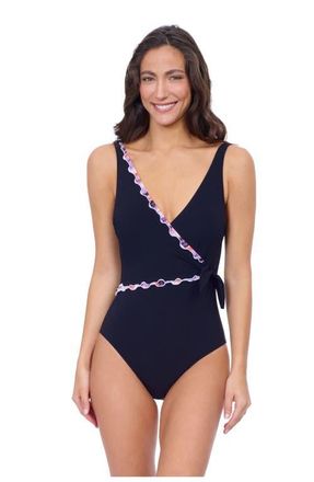 Gottex Riga Tricolore V Neck Surplice One Piece in Black at Nordstrom, Size 14