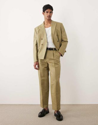 Asos Pantaloni da abito affusolati in misto lino kaki-Verde