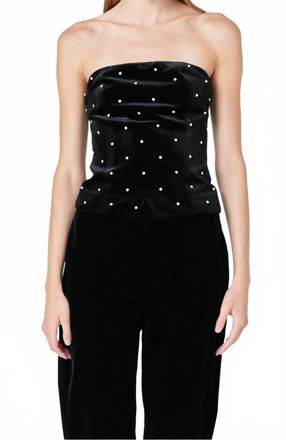 endless rose Velvet Rhinestone Bustier Top In Black