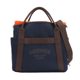 Herm&egrave;s Brown Navy Canvas Leather Shoulder Bag Tote Bag (Pre-Owned)