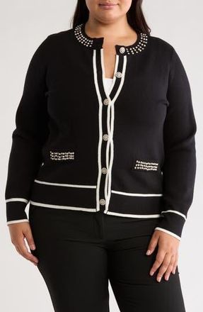 By Design Milly Embellished Button Front Cardigan in Black/White at Nordstrom Rack, Size 2X