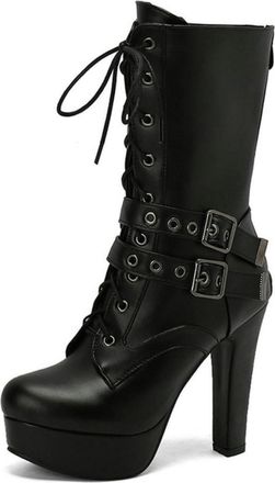 Generic Womens Platform Heel Biker Boots with Lace-Up & Double Buckle Straps for Casual & Night Out Wear,Black,6.5 UK