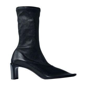 Jil Sander Schoenen, Dames, Zwart, 37 EU, Leer, Leren Laarzen met Blokhak en Vierkante Neus