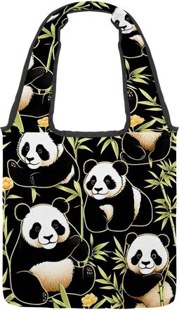 Generic Cute Cartoon Panda Reversible Canvas Shoulder Tote - Double-Sided Print, 12oz Cotton, 27cm Drop, Fold-Flat Bag for Travel, Shopping, Street Outings